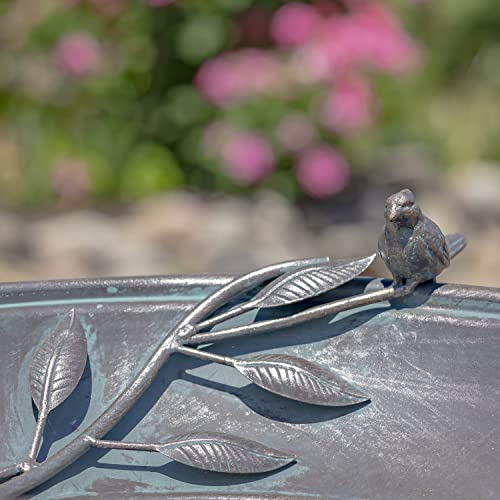 Zaer Ltd. Deep Well Made Metal Birdbath with 2 Cast Iron Birds and Leaf Decoration (Bronze) - color: Bronze