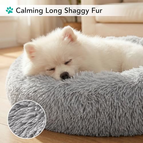 PetAmi Calming Donut Dog Bed, Washable Faux Fur, 23 Inch Small, Light Grey | Warm Shaggy Faux Fur and A Deep Nest Help Anxious Pets Curl Up and Sleep Soundly. Perfect for Puppies, Cats, and Rescues. - color: Light Gray, size: Small - 23"