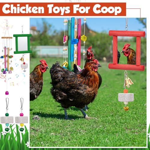 VioraWhite 7 Pcs Chicken Toys, Hanging Chicken Wind Chime, 2 Pcs Coop Mirror Toys with Bells 4 Pack Beak Grinding Stones, Musical Coop Accessories for Hen Rooster Chick Poultry Bird(Rose Red, Green) - color: Rose Red, Green