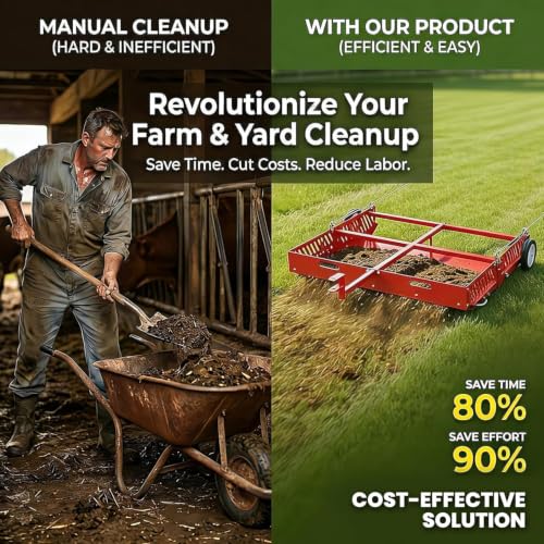 2-in-1 Horse Manure Scooper, Tow Behind Yard Sweeper for ATV UTV | 2-in-1 manure scooper and tow-behind trailer with dual hitch options for paddocks, fields, lawns, and longer grass.
