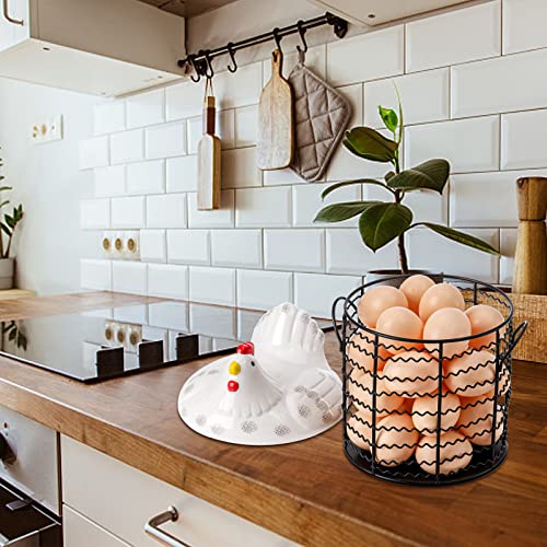 Hiceeden Metal Wire Chicken Egg Storage Basket, Decorative Fresh Egg Holder with Ceramic Chicken Design Lid, Portable Round Collectiong Basket for Kitchen Supplies, Pantry