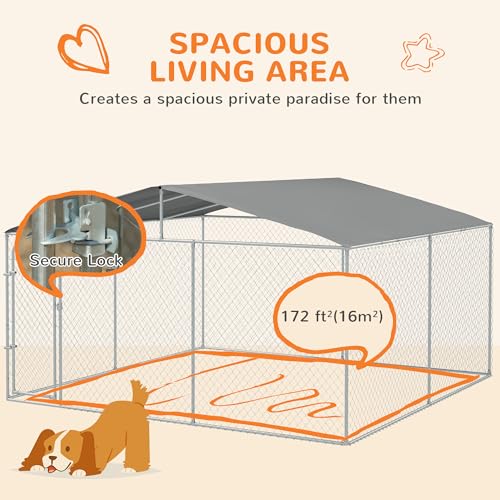 PawHut Outdoor Dog Kennel for Large Breeds 13' x 13' x 7.5' | Heavy Duty Dog Run Outdoor Fence, Waterproof Cover, Galvanized Chain Link, Secure Lock, for Chickens, Ducks - size: 157.5"L x 157.5"W x 91.3"H