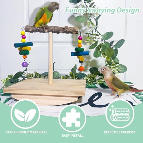 XL Bird Perch Budgie Toy Interactive Spinning Parakeet Perch with Two Hanging Accessories, Wooden Swing Parrot Perch Stand Enrichment Bird Supplies for Cockatiel, Budgie, Conure, Lovebird