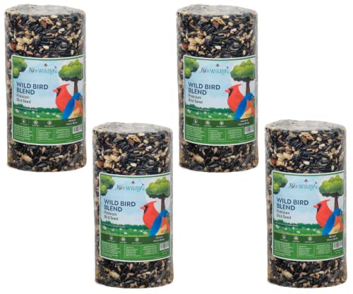JCs Wildlife Wild Bird Blend Seed Cylinder with Hole, Sunflower Safflower Pecans Peanuts Bird Food for Outside Feeders, Cardinals Woodpeckers Chickadees Nuthatches, Made in the USA, 1.5 lb, 4 Cylinder - size: 4 Cylinders