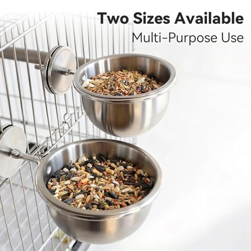 AOTU 2PCS Anti-Snatch Stainless Steel Parrot Feeding Cups with Locking Buckle - Bird Food & Water Bowls, Essential Bird Cage Accessories for Cockatiel, Conure, Budgie, Macaw Gray Parrot & Small Pet - color: S+L (10+12 oz)