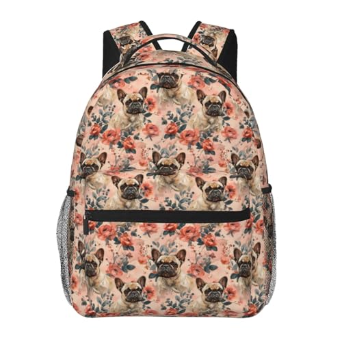 Cute French Bulldog and Rose Flower Backpack for Women Teen Girls School Laptop College Floral Backpacks for Gifts Travel Hiking Work Camping, Polyester Lightweight Aesthetic Bookbag Back Pack - color: Bulldog57