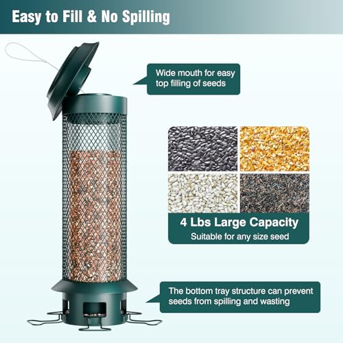 Large Squirrel Proof Bird Feeder with Removable Base, Weight-Activated Cage, Easy to Clean & Spill-Proof, 5 Perches, 4 lb Capacity, Tube Metal Bird Feeder for Outdoors Cardinals, Finches - color: Green