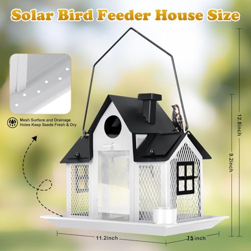 Solar Bird Feeders House Outside Hanging Metal Wild Bird Feeder Outdoors Large Cardinal Bird Feeder Birdhouses Squirrel Proof White - color: White