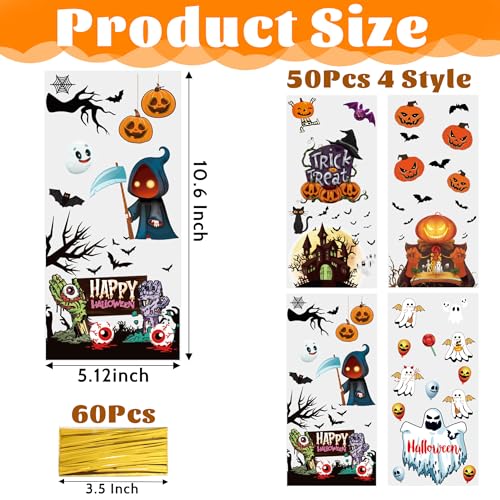 Soarvita Halloween Treat Bags – 50pcs Clear Goodie Bags with 60pcs Twist Ties for Candy Cookies and Gifts Packaing, Halloween Trick or Treat Party Favors Wrapping - color: Halloween-50pcs