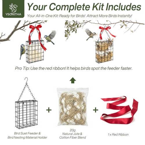 Bird Nesting Material Holder, Pet Fur Holder for Bird Nests, with Jute Fiber & Red Ribbon to Attract Wild Birds, Reusable Bird Nesting Holder for Nest Building