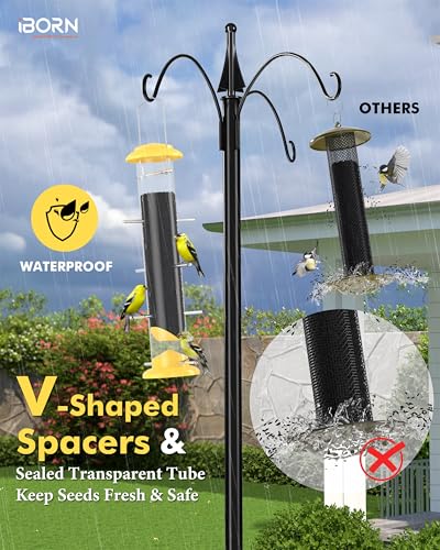 iBorn Finch Feeders for Outside,Nyjer/Thistle Bird Feeder,14 Inch Tube Bird Feeders for Outdoors Hanging,Metal Finch Feeders for Thistle Seed with 12 Small Ports,8 Metal Perches,Yellow,Pack of 1