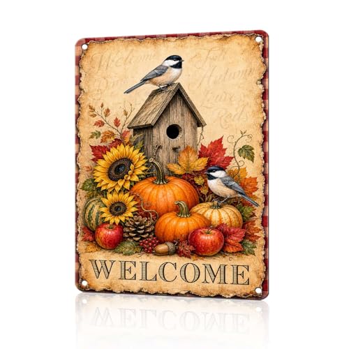 Thanksgiving Birdhouse Chickadee Sunflower Pumpkin Tin Sign Vintage Fall Wall Decor for Kitchen Dining Room Living Room Porch Entryway and Farmhouse Home Decor 16 * 12In - color: Vintage Thanksgiving Tin Sign 13, size: 30X40cm(12*16in)