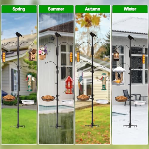 4 Hook Bird Feeding Station Kit,75in Heavy Duty Shepherd Hooks for Outdoor,Birds Feeder Stand Pole with 5 Prong Base|Metal Suet Feeder|Birds Bath|Mesh Tray,Planter Hanger