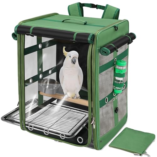 Bird Carrier Travel Cage, Cockatoo Carrier, Parrot Travel Backpack with Unbreakable Stainless Steel Mesh, Perch, Water Bottle and Food Bowl, X-Large Green - color: Green, size: 17.5"L x 14.8"W x 23.6"H