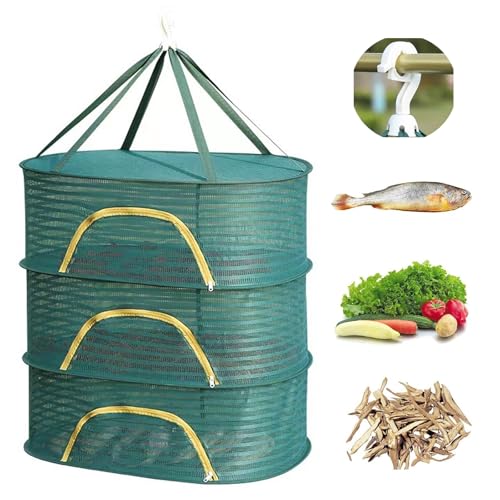 Hanging Drying Net Herb Drying Rack Foldable Fish Mesh Rack Net 19.7"x27.6"x25.5" Large 3 Layer Collapsible Dry Net with Zippers for Drying Fish Plants Vegetables Fruit Herb Flowers Clothes (Green) - color: Green