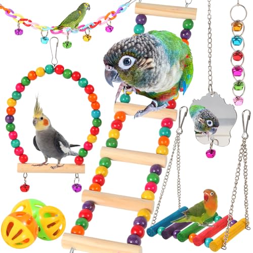 YIXUND Bird Toys for Parakeets, Parrots, Conures, Cockatiels, Love Birds, Finches, Mynah, Budgerigar - 9Pcs Wooden Ladder Bridge, Swing, Hammock, Cage Accessories