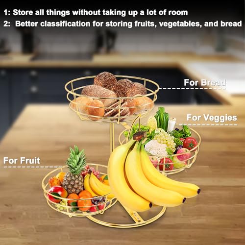 Livabber Fruit Basket Bowl with Banana Hanger, Fruit Vegetable Storage Basket with Banana Tree Holder for Kitchen Counter, Detachable Organizer for Bread Snack Produce (Gold, 3-Tier Metal Base) - color: Gold, style: 3-Tier Metal Base
