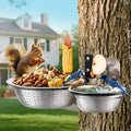 2-Hoop Squirrel and Bird Feeder, Cute Metal Colander Feeders Outside Tree Mounted, 8.6" Drainage Feed+2 Corn Cob Holder for Dry Food, 5.6" Solid Bowl for Water/Bath-Squirrel Feeders for Fence - size: 2-Hoop - 14.1" Length