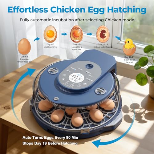 Egg Incubator for Hatching Eggs, 5 Preset Incubation Modes & 1 Custom Mode | Hatch 15 Eggs, Temperature and Humidity Adjustable Function, Automatic Egg Turning for Duck, Chicken, Goose, Pigeon and Quail
