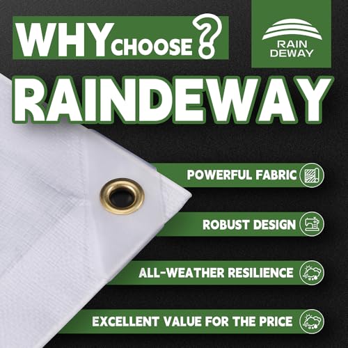 RAINDEWAY 10' X 20' White Heavy Duty Waterproof Poly Tarp Protective Cover | 12 Mil Extra Thick,Finished Size,UV Resistant,Weatherproof,with Metal Grommets and Reinforced Edge - color: White, size: 10x20 Feet-Finished size