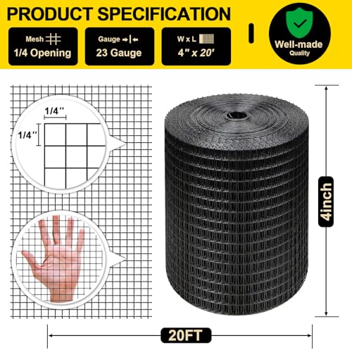 Black Hardware Cloth 4'' x 20' PVC Steel Vinyl Coated 1/4 inch Galvanized Wire Mesh Roll (23 GA) Chicken Wire Fence Roll, for coop Fences,Screen mesh, Rabbit/Snake Fences, Poultry enclosures, etc. - color: 23(GA)-1/4inch, size: 4In x 20Ft