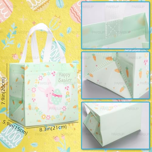 PARSUP 6PCS Happy Easter Bunny Carrot Chick Egg Hunt Gift Treat Multifunctional Non-Woven Bags with Handles,Easter Party Supplies for Gifts Wrapping, 8.3×7.9×5.9inch - color: Blue Orange Yellow Pink Green