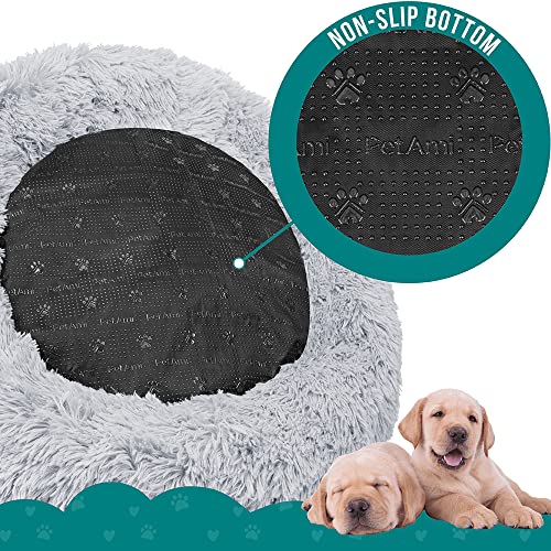 PetAmi Calming Donut Dog Bed, Washable Faux Fur, 23 Inch Small, Light Grey | Warm Shaggy Faux Fur and A Deep Nest Help Anxious Pets Curl Up and Sleep Soundly. Perfect for Puppies, Cats, and Rescues. - color: Light Gray, size: Small - 23"