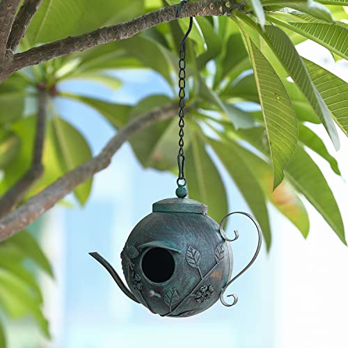 Bird Houses for Outside, Outdoor Bird House, Teapot Shaped Hanging Bird House, Antique Metal Bird House, Decorative Bird Houses, Unique Humming Bird Houses for Garden Patio Yard Lawn Backyard Decor