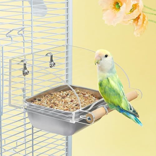Bird Cage Seed Catcher Feeder with Perch Anti-Slip Stand, Parrot Food Bowl | for Medium Birds, Conures, Caiques, Small Cockatoos (L) - size: L