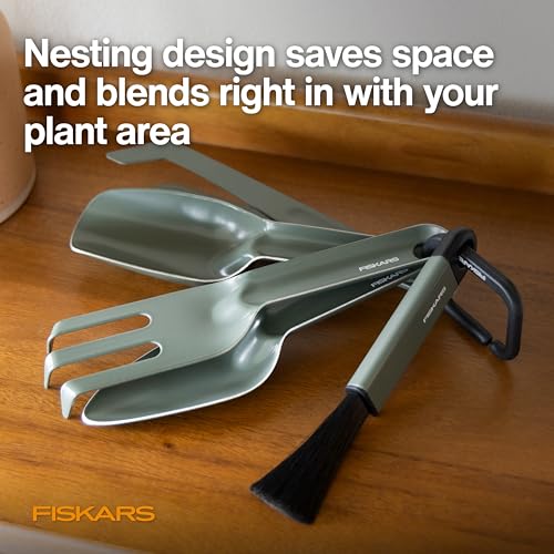 Fiskars 5-Piece House Plant Cultivating Tool Set for Indoor Gardening | Nesting Trowel, Soil Scoop, Cultivator, Tongs & Brush, Stainless Steel with Green Powder Coat Finish - size: 5-Piece Set