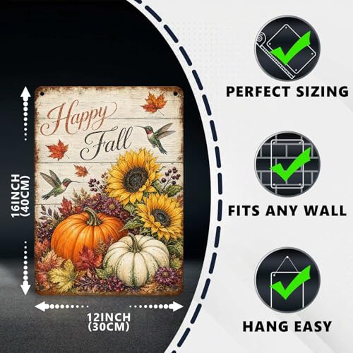 Happy Fall Hummingbird Sunflower Pumpkin Tin Sign Vintage Autumn Wall Decor for Kitchen Dining Room Living Room Porch Entryway and Farmhouse Home Decor 16 * 12In - color: Vintage Thanksgiving Tin Sign 15, size: 30X40cm(12*16in)