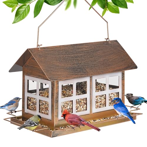 Bird Feeder, Waterproof Bird Feeders for Outdoor Hanging | Heavy Duty Metal, 6LB Large Capacity, 4 Perches, Drain Holes, For Outside Garden Yard Country Hanging, House Shape - size: Horizontal
