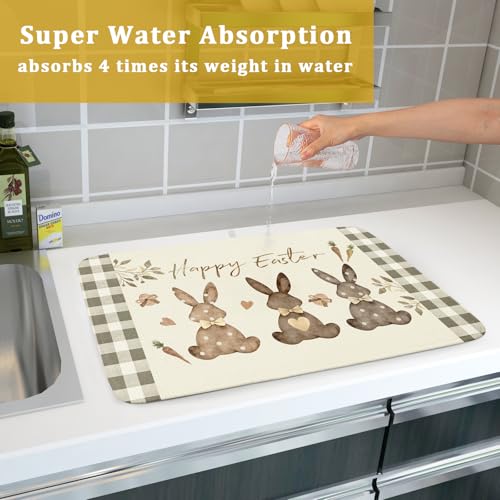 Giwawa Happy Easter Dish Drying Mat for Countertop, 18"x24" Cute Bunny Rabbits Eggs Carrot Dish Drainer Mats, Bufflao Plaids Fast Dry Microfiber Large Dish Drying Pad Kitchen Accessories Decor - size: 24" x 18"