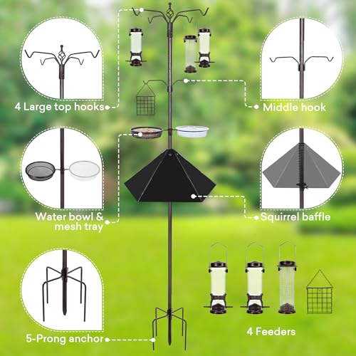 YINGYM 6-Hook Bird Feeding Station with 19" Metal Squirrel Baffle, 94 Inch | Heavy Duty Bird Feeder Stand Pole with 4 Bird Feeders, Baffle Guard for Patio, Lawn and Garden, Attracting Wild Birds - size: 94 Inch with Squirrel Baffle