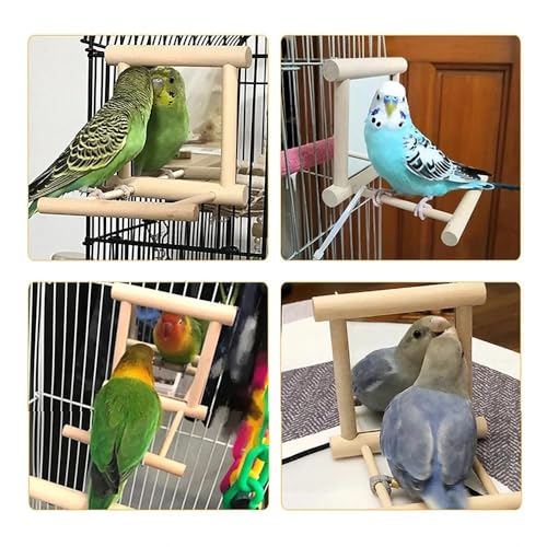 Bird Mirror with Swing and Perch for Parakeets Cockatiels Lovebirds Finches - Wooden Interactive Hanging Cage Toy, 3.7 x 3.5 x 3.5 Inch, 1 Pack - size: 3.7 x3.5x3.5 inch