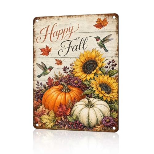 Happy Fall Hummingbird Sunflower Pumpkin Tin Sign Vintage Autumn Wall Decor for Kitchen Dining Room Living Room Porch Entryway and Farmhouse Home Decor 16 * 12In - color: Vintage Thanksgiving Tin Sign 15, size: 30X40cm(12*16in)