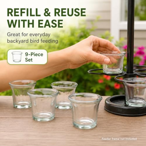 DECHOUS 9Pcs Glass Birds Feeder Replacement Cups, Oriole Jelly Feeder Cups | 2.5 Inch, Jelly Feeder Cups for Oriole and Hummingbirds, Garden, Patio, Balcony, Outdoor Bird Feeder Accessories