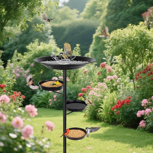 Bird Bath for Outside, Metal Freestanding Birdbaths with Bath Bowl and Seed Bowl, Hummingbird Feeders for Outdoors Garden Patio Yard Lawn Decor, Black, Gifts for Mom Dad, Gifts for Women Men