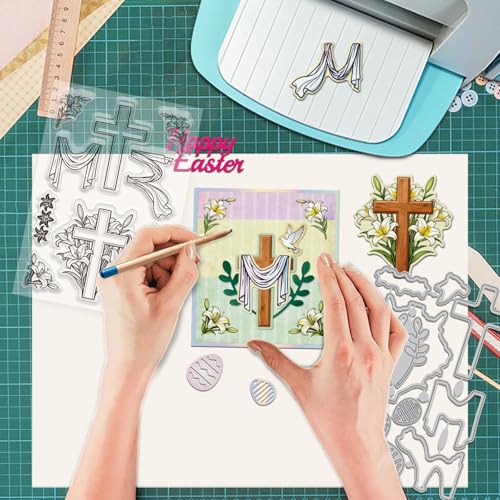 GLOBLELAND Easter Cross Clear Stamps and Metal Die Cuts Spring Flower Transparent Stamp Lily Lace Trim Cutting Dies for Card Making Embossing Scrapbooking - style: Easter Lily Cross