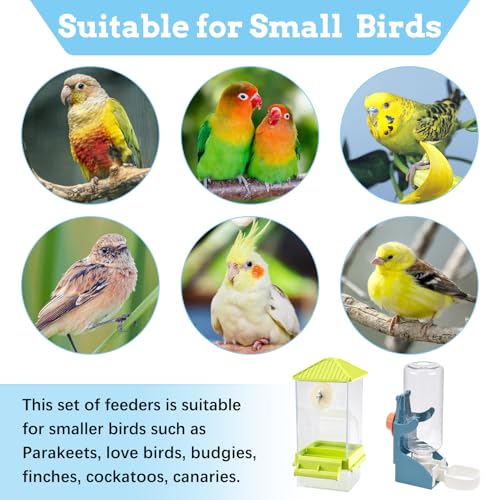Hamiledyi No Mess Bird Feeders Water Dispenser Set Parakeet Seed Container Automatic Cage Feeder with Perch Transparent Cage Accessories for Budgies, Parakeets, Canaries, Lovebirds, Finches - color: Green + Drinking Bottle + Perch