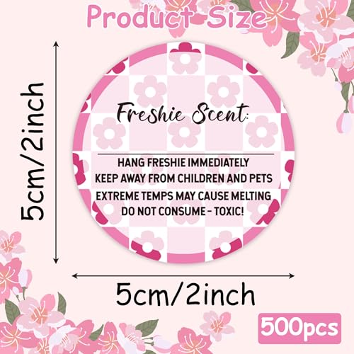 Freshiess Scent Care Instruction Stickers - 500 Count Car Freshie Warning Round Labels, Adhesive Roll Stickers with Line to Write Thermal Printed for Small Business (2 x 2 Inch, Pink Flower) - color: Freshiess Pink Flower