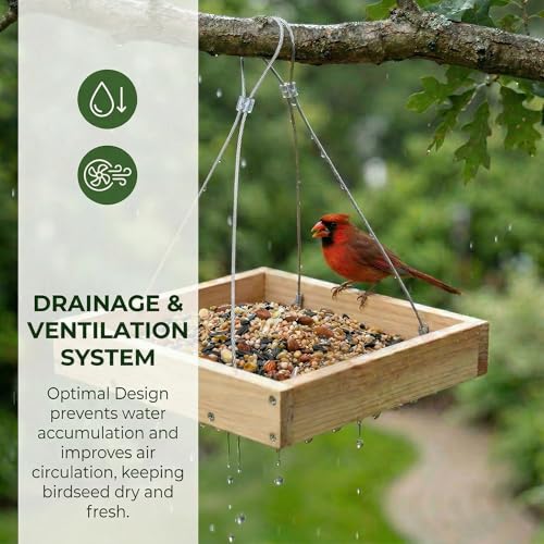 Lightweight Wooden Platform Bird Feeder with Drainage Tray | Wooden feeder keeps seeds fresh, lightweight 0.55LB tray design, attracts cardinals, woodpeckers and wild birds.