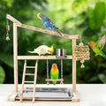 Small Bird Playground Stand, Natural Wood Parrot Stand Playground with Removable Tray, Feeder Cups, Ladder, Swing & Chew Toys for Cockatiel, Conure, Parakeet