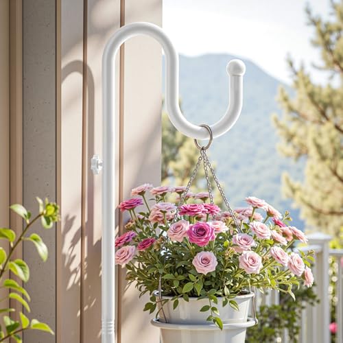 74" Shepherds Hook Stand: Hanging Bird Feeders, Plants, Wind Chimes, White | Heavy Duty, Adjustable, Free Standing Pole Holder with Heavy Duty Base for Indoor & Outdoor, Holds Up to 20 LBS - color: White