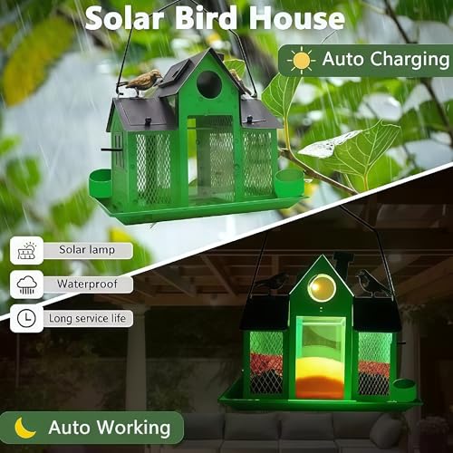 Solar Bird Feeders House for Outside Hanging, Metal Wild Bird Feeder for Outdoors Large Capacity Cardinal Birdfeeder Birdhouses Metal Bird Feeding Station Green - color: green