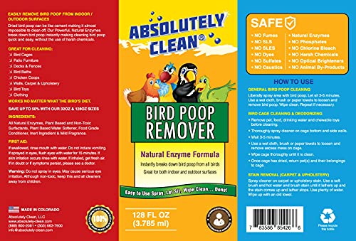 Absolutely Clean Amazing Bird Poop Remover - Just Spray/Wipe - Safely & Easily Removes Bird Messes - Use Indoor/Outdoor - Made in The USA - size: 32oz Spray Bottle 2pack - Save 35%