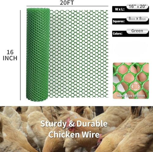 Plastic Wire Mesh Fence 16in x 20Ft Plastic Chicken Wire Mesh for Poultry, Dogs, Rabbit, Snake Barrier & Gardening Versatile Plastic Fencing (16in x 20Ft, Green) - color: Green, size: 16in x 20Ft