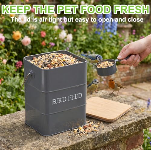 Metal Bird Seeds storage container,Outdoor Bird Container Canister, Pet Food Bin with Wooden Lid/Handle/Food scoop,hold 5-6 Lbs of Wild Bird Seed Sunflower Seed-Preventing Squirrels-Gray - color: Gray