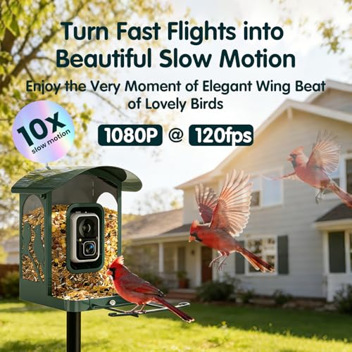Bird Feeder with Camera, 4K Ultra HD Video with 30fps Live View, 10x Slow Motion, No Subscription, Solar Powered AI Smart Bird Feeder with Camera, 2.4G/5G Wi-Fi, Durable Metal,Bird Lover Gift