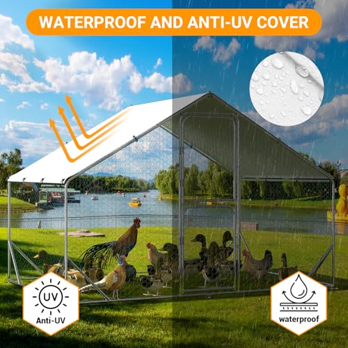 Large Metal Outdoor Chicken Coop – Spacious Run Poultry Cage with Waterproof & Anti-UV Cover – Multifunctional for Chickens, Ducks, Geese, Rabbits 9.8' x 6.5' x 6.5'
